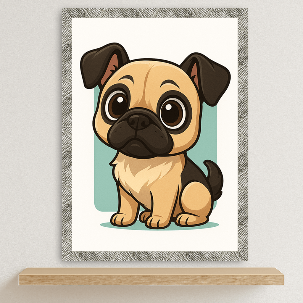 Carlino in stile Chibi stampato su forex, cornice argento, disponibile in 30x40, 40x50 e 50x70 cm