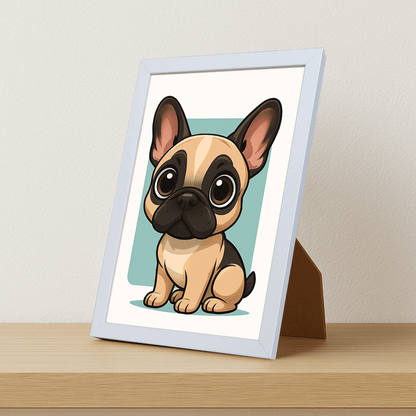 Bulldog Francese in stile Chibi stampato su forex, cornice portafoto bianco, misura 21x29.7