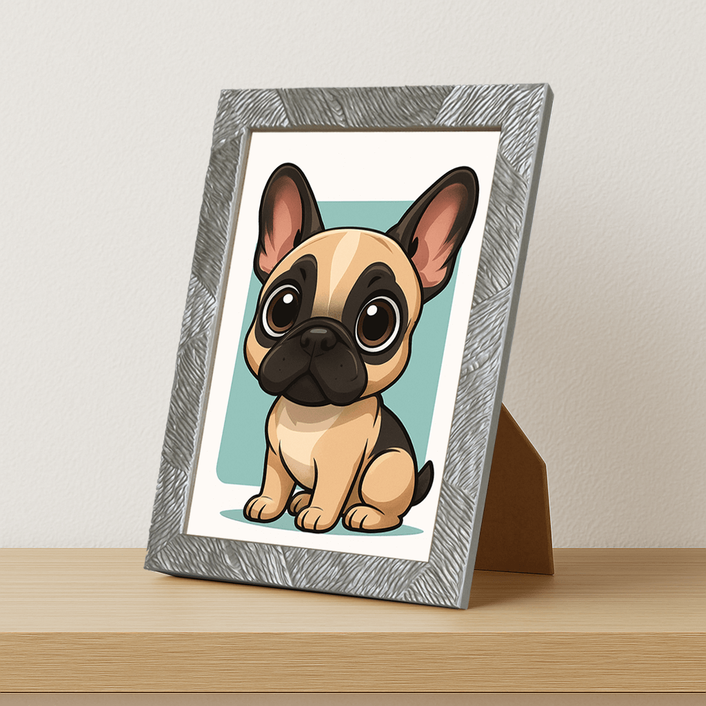 Bulldog Francese in stile Chibi stampato su forex, cornice portafoto argento, misura 21x29.7