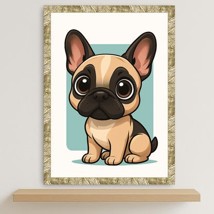 Bulldog Francese in stile Chibi stampato su forex, cornice oro, disponibile in 30x40, 40x50 e 50x70 cm