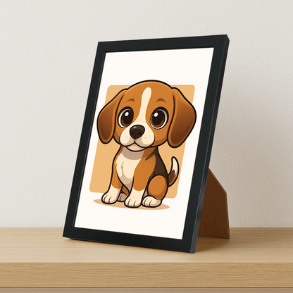 Beagle in stile Chibi stampato su forex, cornice portafoto nero, misura 21x29.7