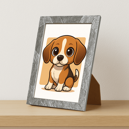Beagle in stile Chibi stampato su forex, cornice portafoto argento, misura 21x29.7