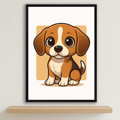 Beagle in stile Chibi stampato su forex, cornice nero, disponibile in 30x40, 40x50 e 50x70 cm