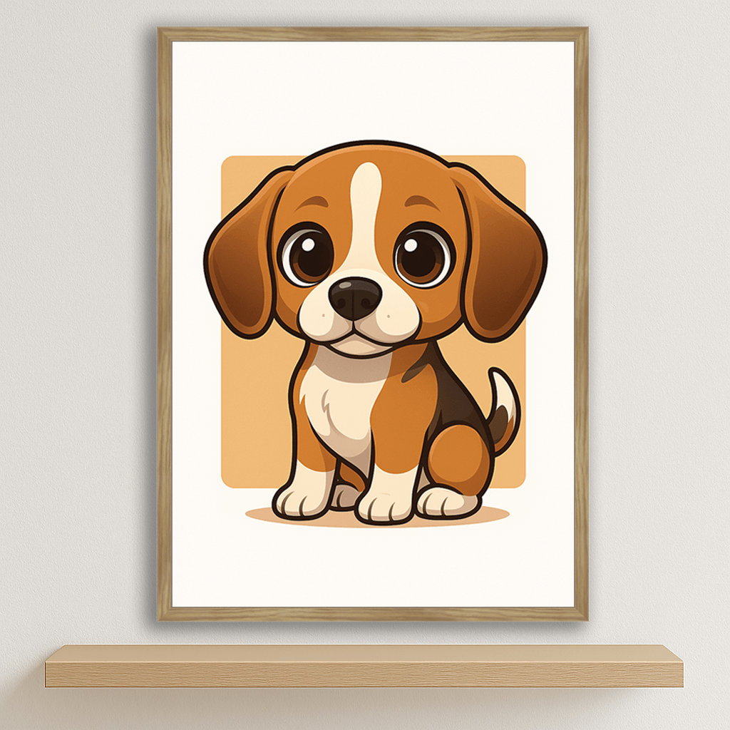 Beagle in stile Chibi stampato su forex, cornice legno, disponibile in 30x40, 40x50 e 50x70 cm