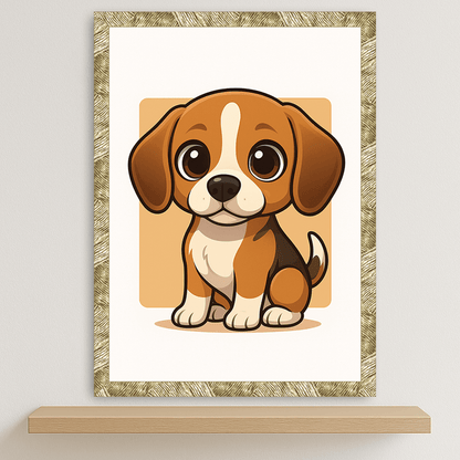 Beagle in stile Chibi stampato su forex, cornice oro, disponibile in 30x40, 40x50 e 50x70 cm