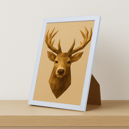 Cervo Poly Art stampato su forex, cornice portafoto bianco, misura 21x29.7