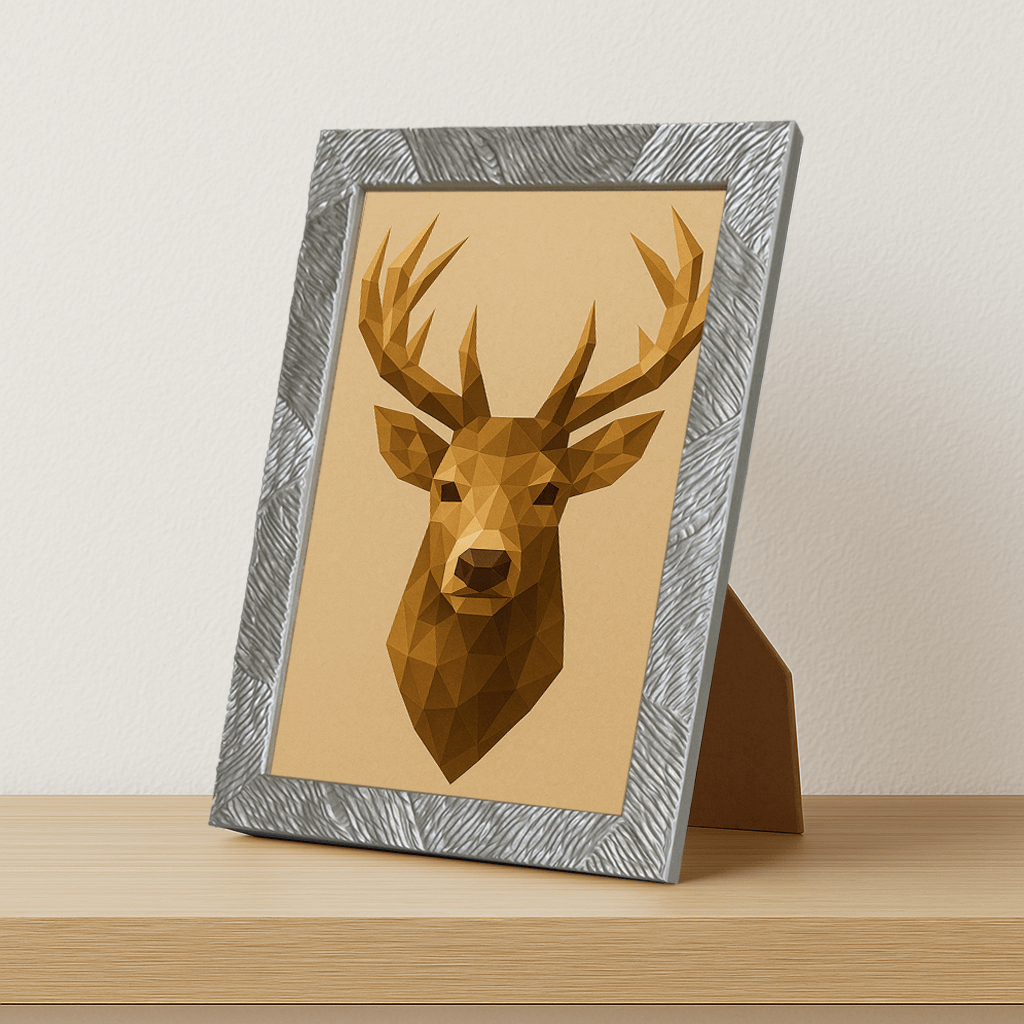 Cervo Poly Art stampato su forex, cornice portafoto argento, misura 21x29.7