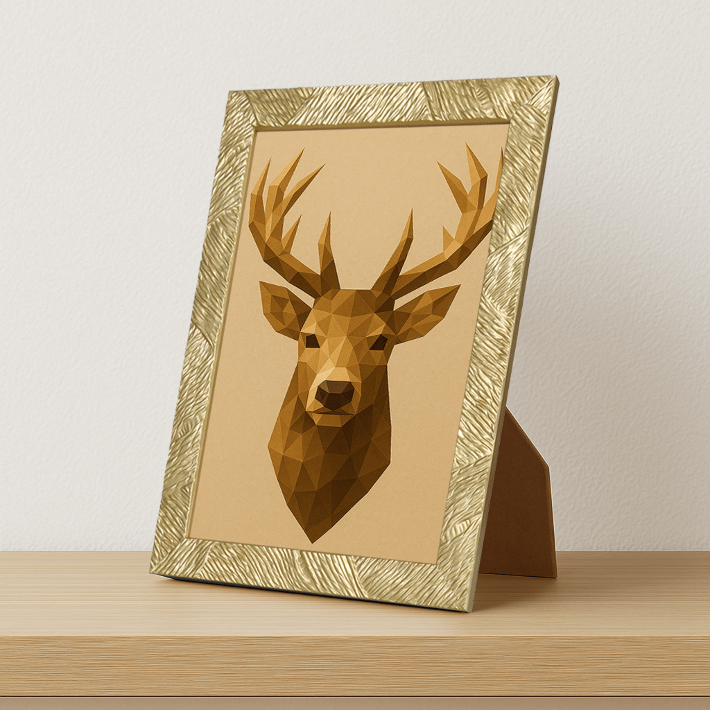 Cervo Poly Art stampato su forex, cornice portafoto oro, misura 21x29.7