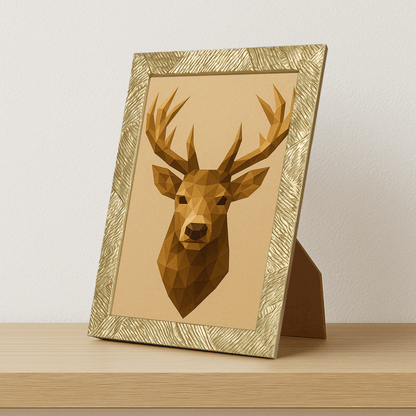 Cervo Poly Art stampato su forex, cornice portafoto oro, misura 21x29.7