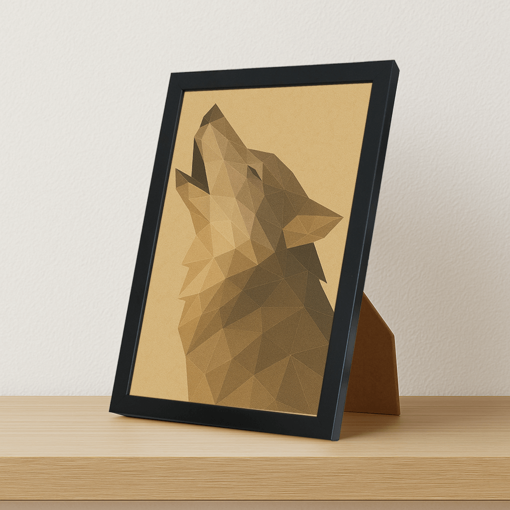 Lupo Poly Art stampato su forex, cornice portafoto nero, misura 21x29.7