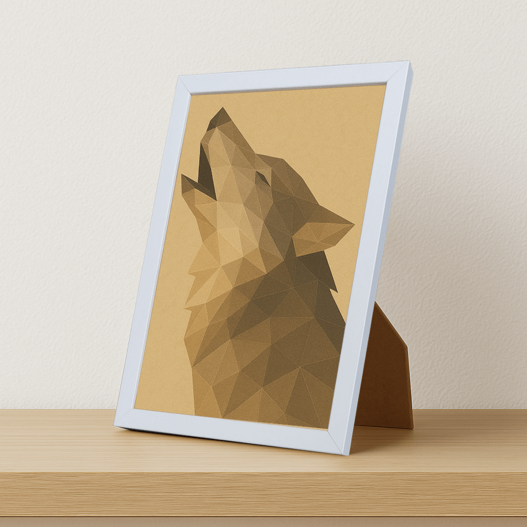 Lupo Poly Art stampato su forex, cornice portafoto bianco, misura 21x29.7