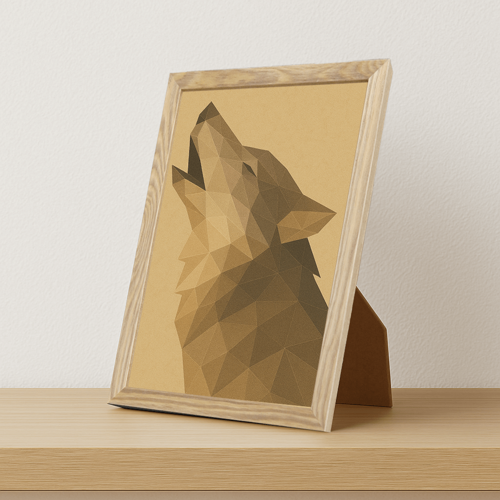 Lupo Poly Art stampato su forex, cornice portafoto legno, misura 21x29.7
