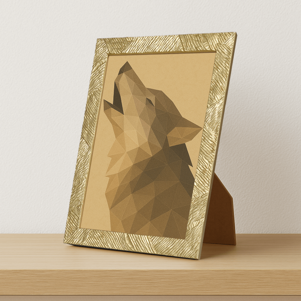 Lupo Poly Art stampato su forex, cornice portafoto oro, misura 21x29.7