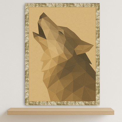 Lupo Poly Art stampato su forex, cornice oro, disponibile in 30x40, 40x50 e 50x70 cm