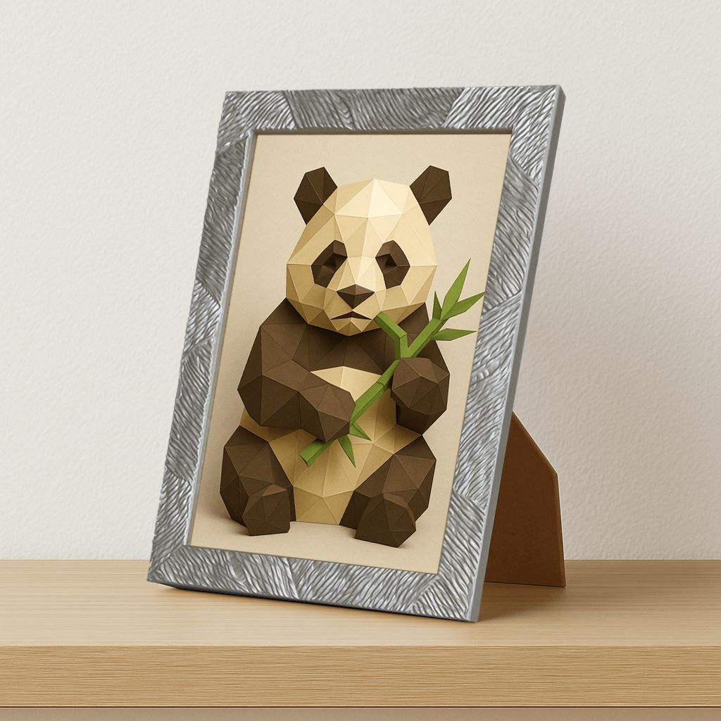 Panda Poly Art stampato su forex, cornice portafoto argento, misura 21x29.7