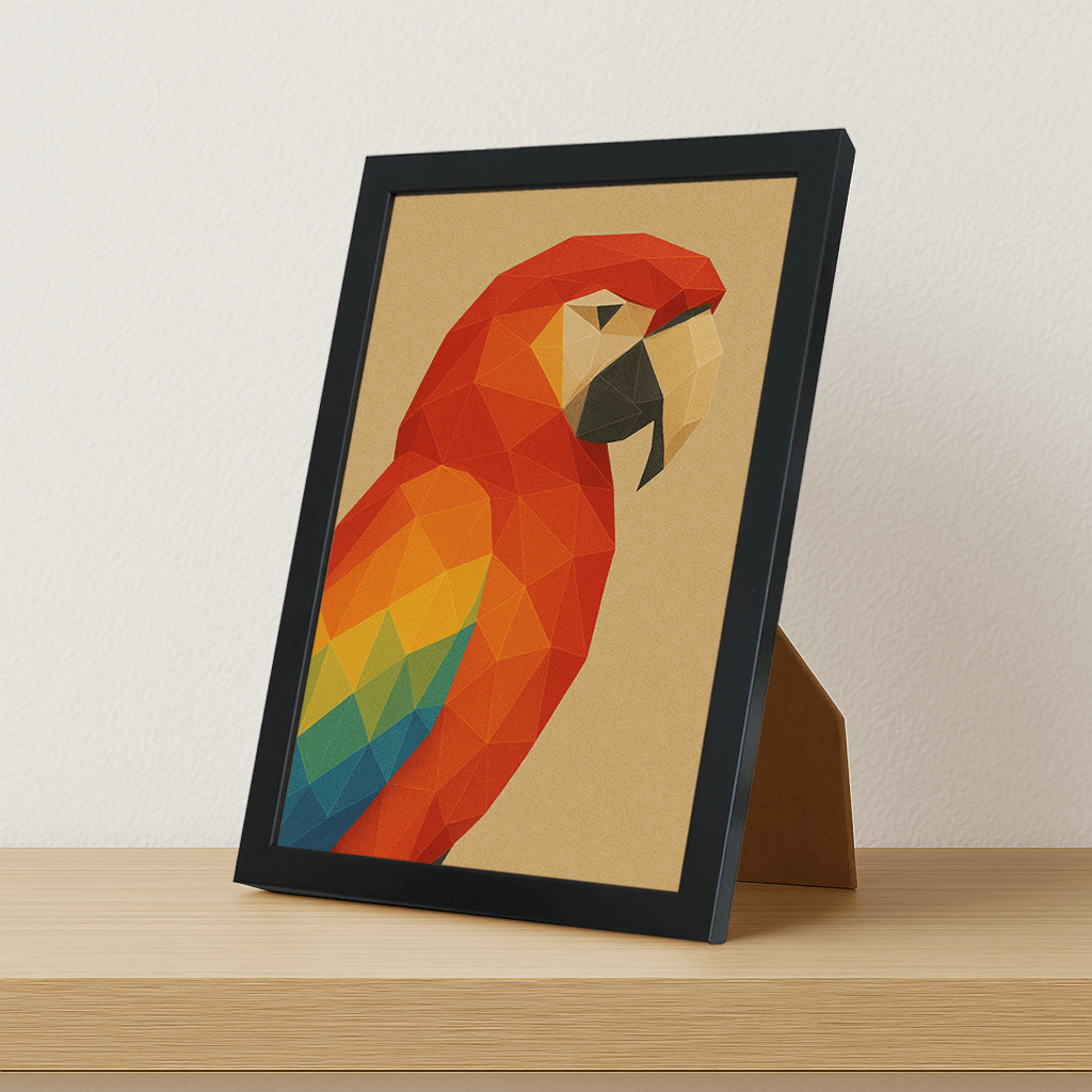 Pappagallo Poly Art stampato su forex, cornice portafoto nero, misura 21x29.7