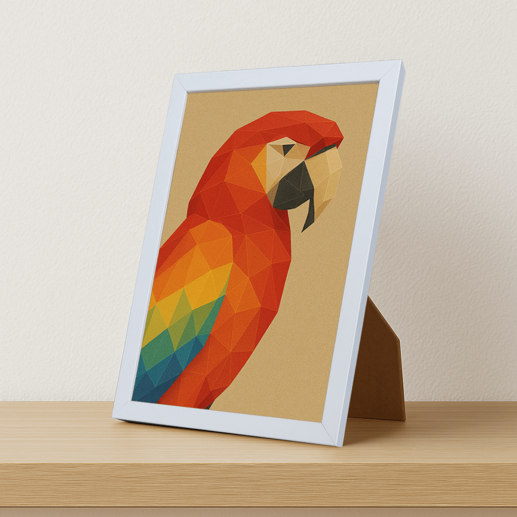 Pappagallo Poly Art stampato su forex, cornice portafoto bianco, misura 21x29.7