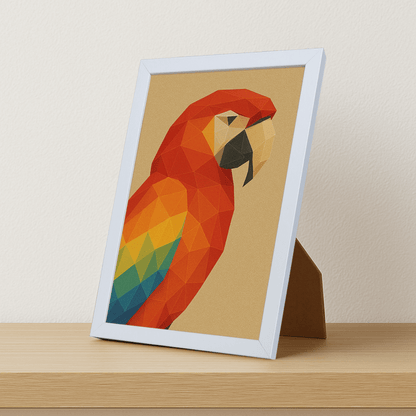 Pappagallo Poly Art stampato su forex, cornice portafoto bianco, misura 21x29.7