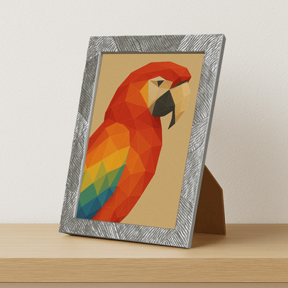 Pappagallo Poly Art stampato su forex, cornice portafoto argento, misura 21x29.7