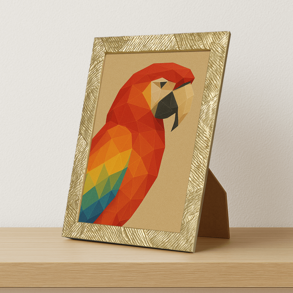 Pappagallo Poly Art stampato su forex, cornice portafoto oro, misura 21x29.7