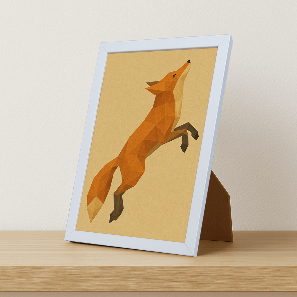 Volpe Poly Art stampato su forex, cornice portafoto bianco, misura 21x29.7