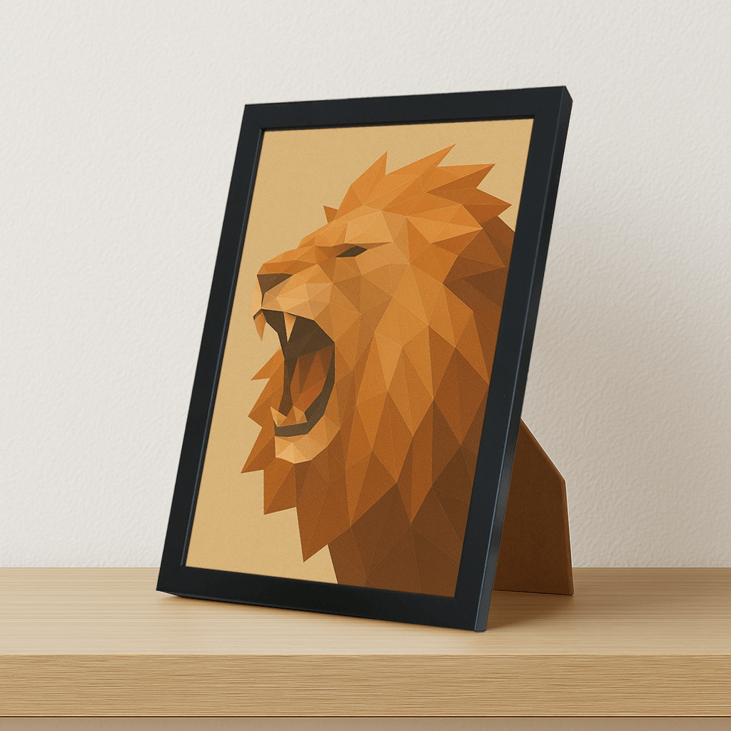 Leone Poly Art stampato su forex, cornice portafoto nero, misura 21x29.7