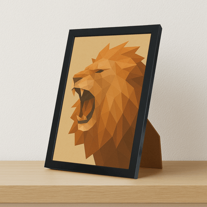 Leone Poly Art stampato su forex, cornice portafoto nero, misura 21x29.7