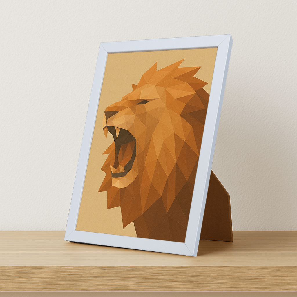 Leone Poly Art stampato su forex, cornice portafoto bianco, misura 21x29.7