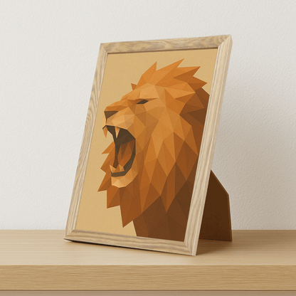 Leone Poly Art stampato su forex, cornice portafoto legno, misura 21x29.7