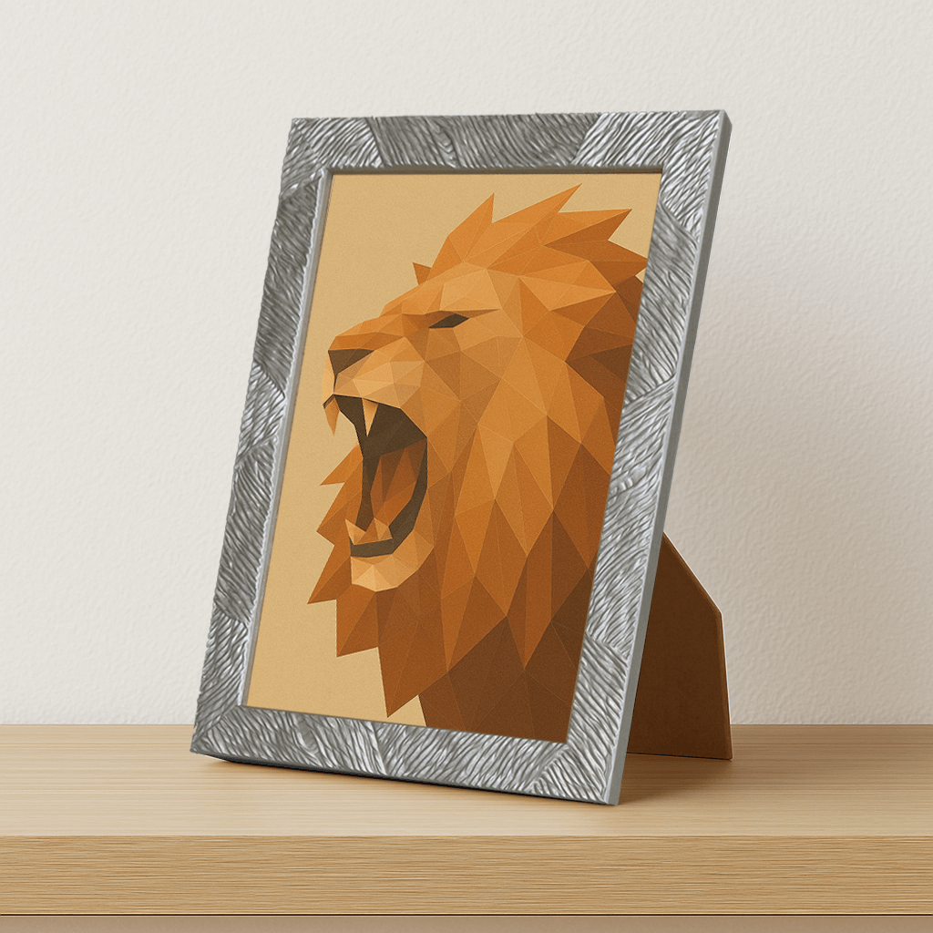 Leone Poly Art stampato su forex, cornice portafoto argento, misura 21x29.7