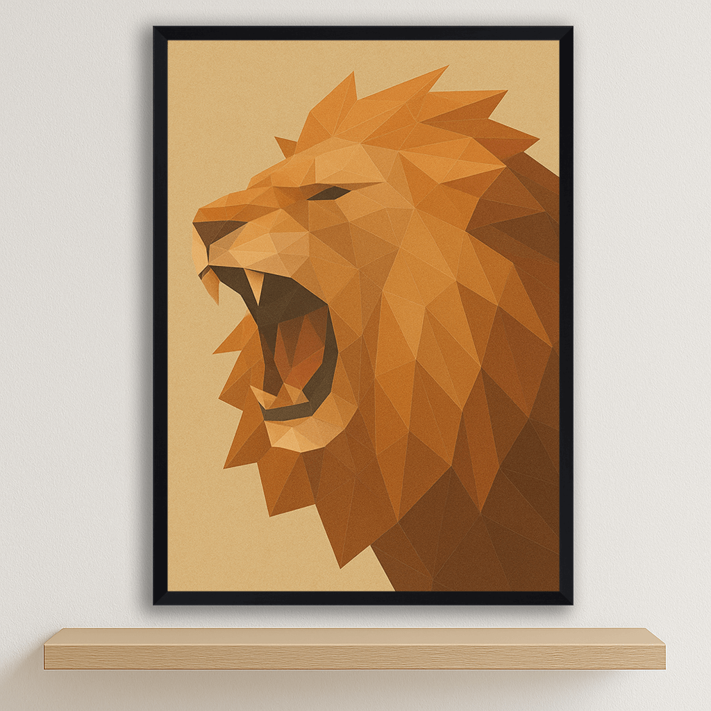 Leone Poly Art stampato su forex, cornice nero, disponibile in 30x40, 40x50 e 50x70 cm