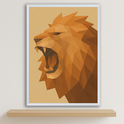 Leone Poly Art stampato su forex, cornice bianco, disponibile in 30x40, 40x50 e 50x70 cm