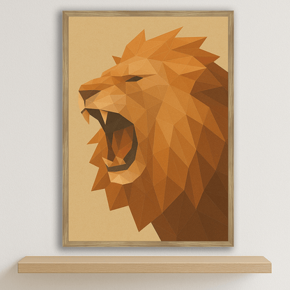 Leone Poly Art stampato su forex, cornice legno, disponibile in 30x40, 40x50 e 50x70 cm