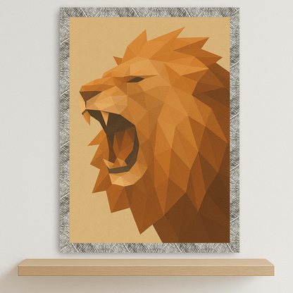 Leone Poly Art stampato su forex, cornice argento, disponibile in 30x40, 40x50 e 50x70 cm