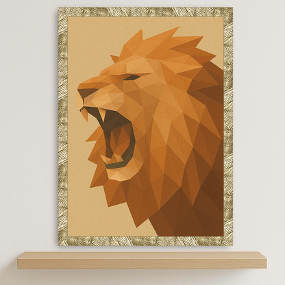 Leone Poly Art stampato su forex, cornice oro, disponibile in 30x40, 40x50 e 50x70 cm