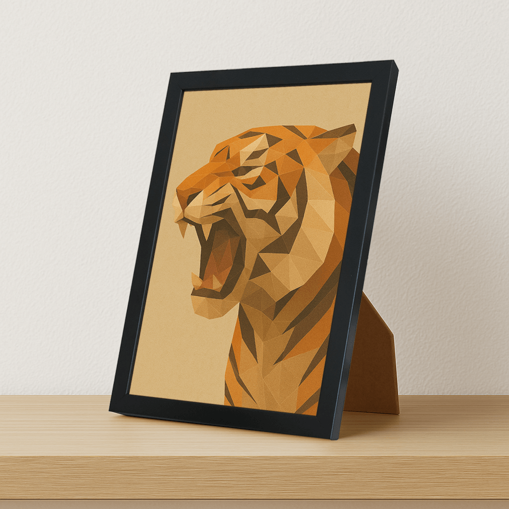 Tigre Poly Art stampato su forex, cornice portafoto nero, misura 21x29.7