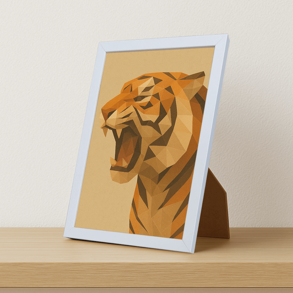 Tigre Poly Art stampato su forex, cornice portafoto bianco, misura 21x29.7