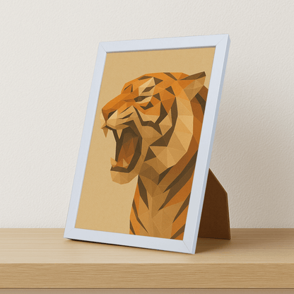 Tigre Poly Art stampato su forex, cornice portafoto bianco, misura 21x29.7