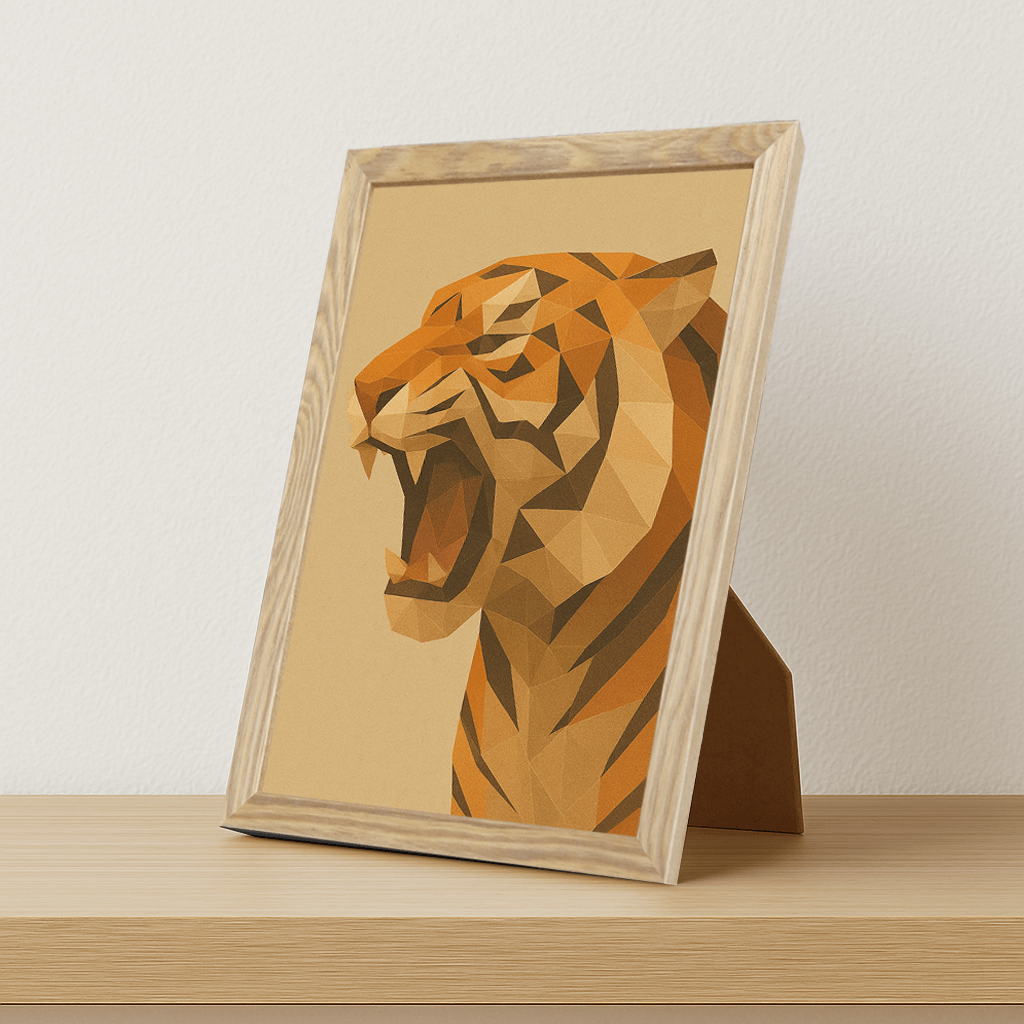 Tigre Poly Art stampato su forex, cornice portafoto legno, misura 21x29.7