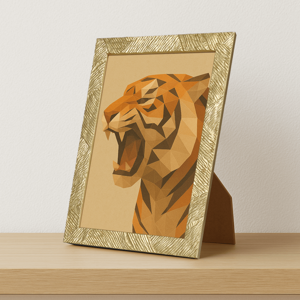 Tigre Poly Art stampato su forex, cornice portafoto oro, misura 21x29.7