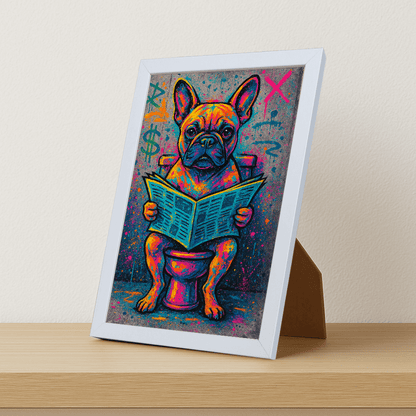 Bulldog Francese Street Art stampato su forex, cornice portafoto bianco, misura 21x29.7