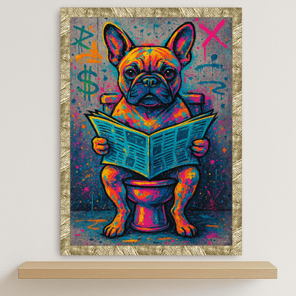 Bulldog Francese Street Art stampato su forex, cornice oro, disponibile in 30x40, 40x50 e 50x70 cm