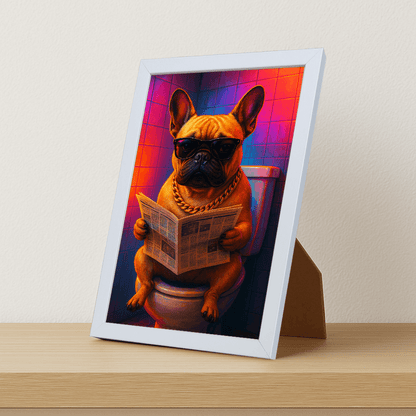 Bulldog Francese Miami stampato su forex, cornice portafoto bianco, misura 21x29.7