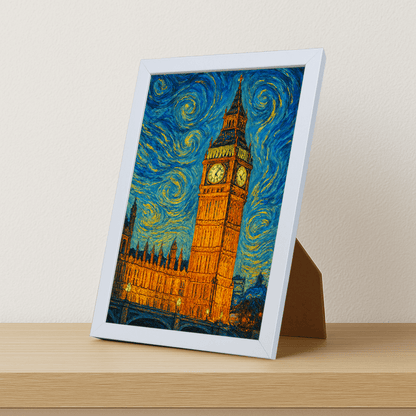 Big Ben stile Gogh stampato su forex, cornice portafoto bianco, misura 21x29.7