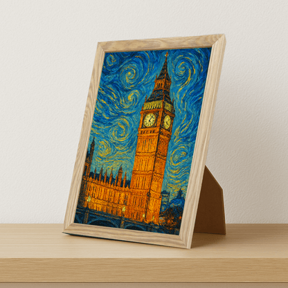 Big Ben stile Gogh stampato su forex, cornice portafoto legno, misura 21x29.7