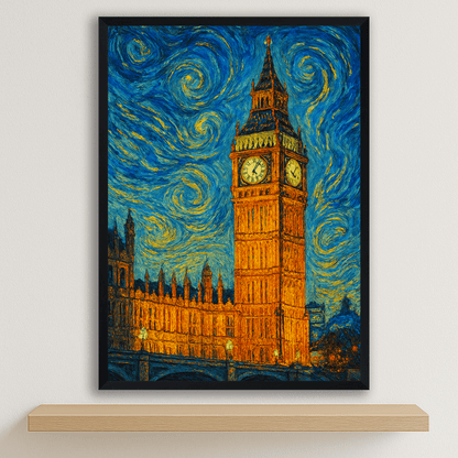 Big Ben stile Gogh stampato su forex, cornice nero, disponibile in 30x40, 40x50 e 50x70 cm