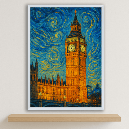 Big Ben stile Gogh stampato su forex, cornice bianco, disponibile in 30x40, 40x50 e 50x70 cm