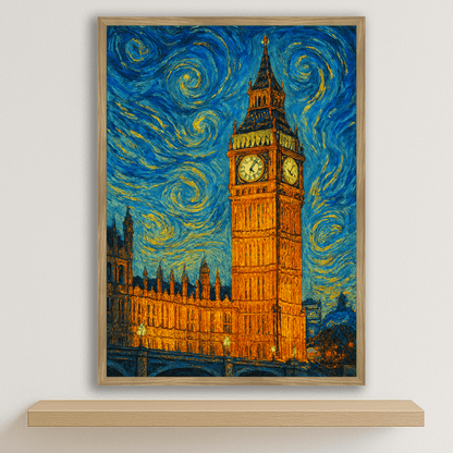 Big Ben stile Gogh stampato su forex, cornice legno, disponibile in 30x40, 40x50 e 50x70 cm