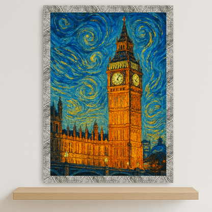 Big Ben stile Gogh stampato su forex, cornice argento, disponibile in 30x40, 40x50 e 50x70 cm