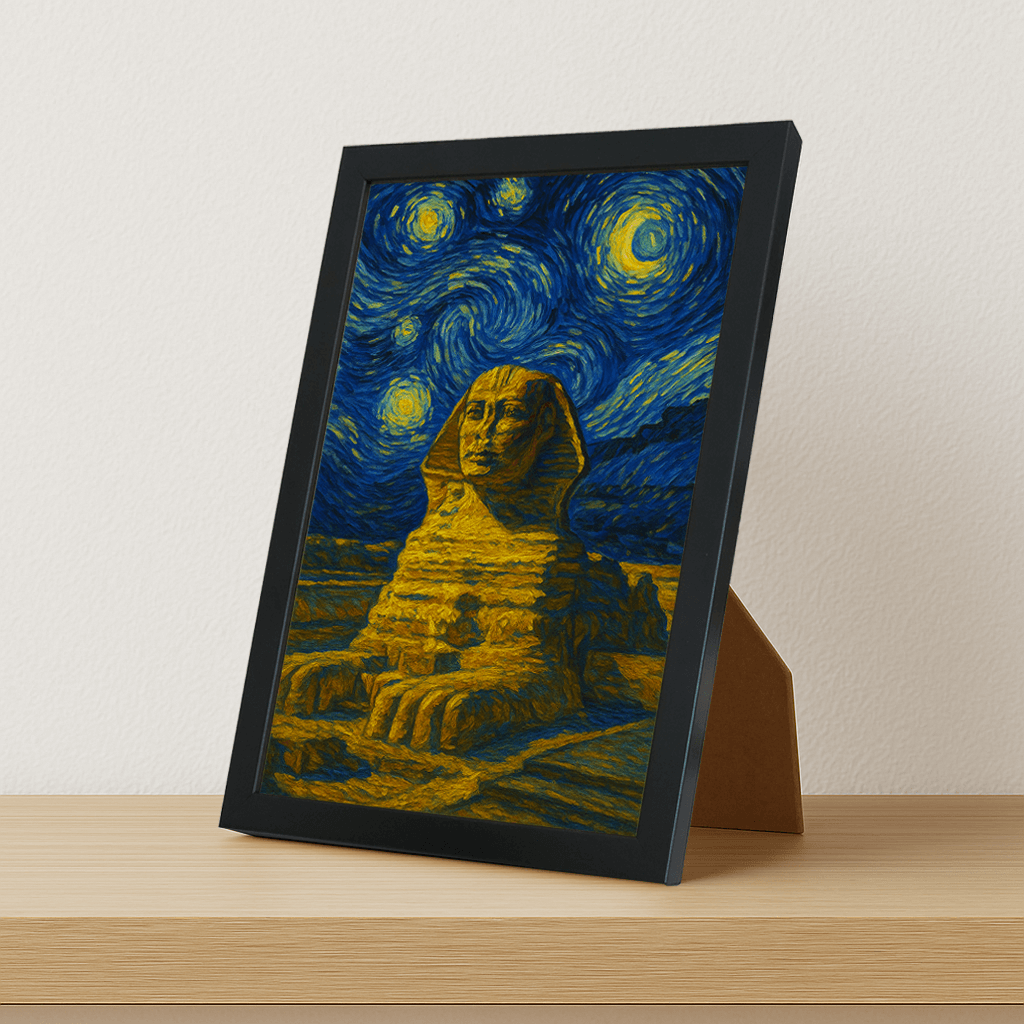 Sfinge di Giza stile Gogh stampato su forex, cornice portafoto nero, misura 21x29.7